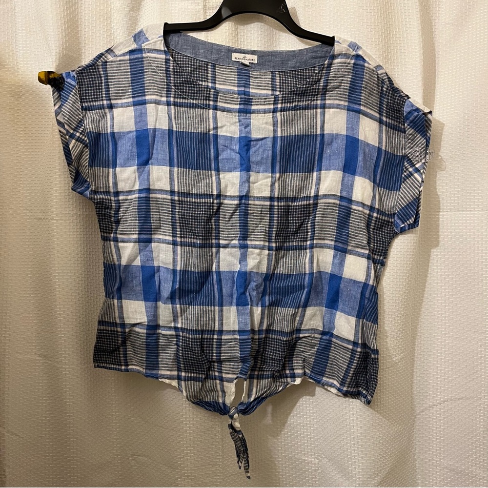 L.L. BEAN Signature 100% Linen Plaid Short Sleeve Tie Front Blouse Blue Large